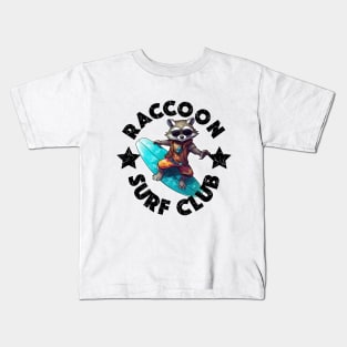 Raccoon Surfing - Surf Club (Black Lettering) Kids T-Shirt